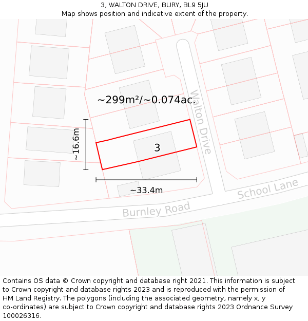 3, WALTON DRIVE, BURY, BL9 5JU: Plot and title map