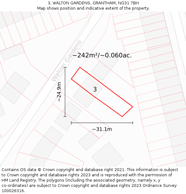 3, WALTON GARDENS, GRANTHAM, NG31 7BH: Plot and title map