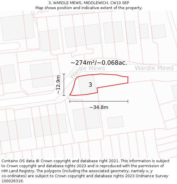 3, WARDLE MEWS, MIDDLEWICH, CW10 0EP: Plot and title map