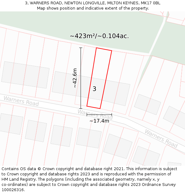 3, WARNERS ROAD, NEWTON LONGVILLE, MILTON KEYNES, MK17 0BL: Plot and title map