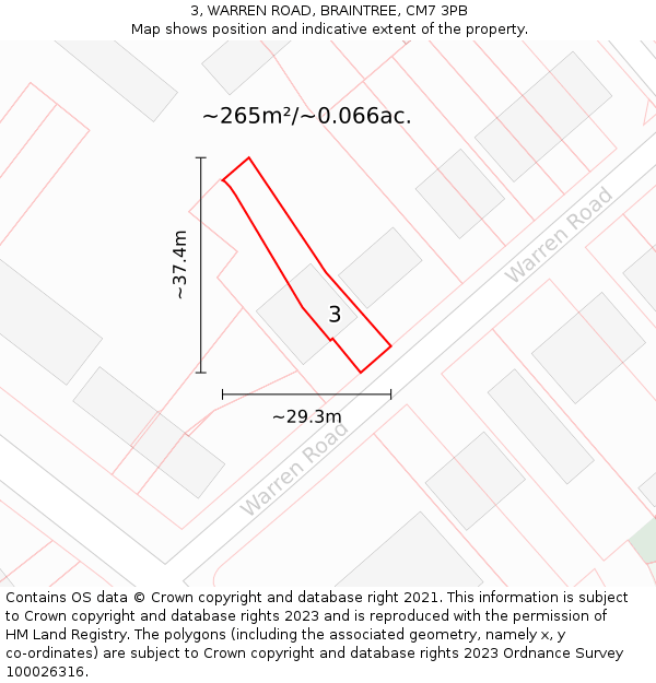 3, WARREN ROAD, BRAINTREE, CM7 3PB: Plot and title map