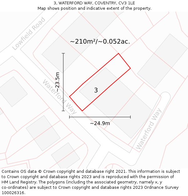 3, WATERFORD WAY, COVENTRY, CV3 1LE: Plot and title map