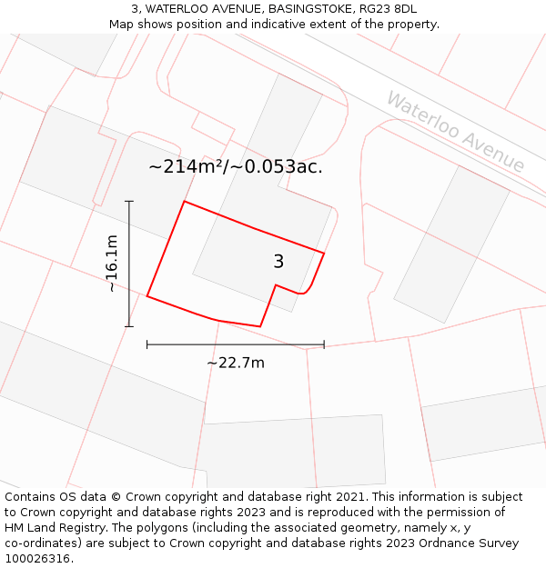 3, WATERLOO AVENUE, BASINGSTOKE, RG23 8DL: Plot and title map