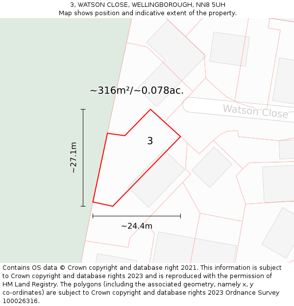 3, WATSON CLOSE, WELLINGBOROUGH, NN8 5UH: Plot and title map