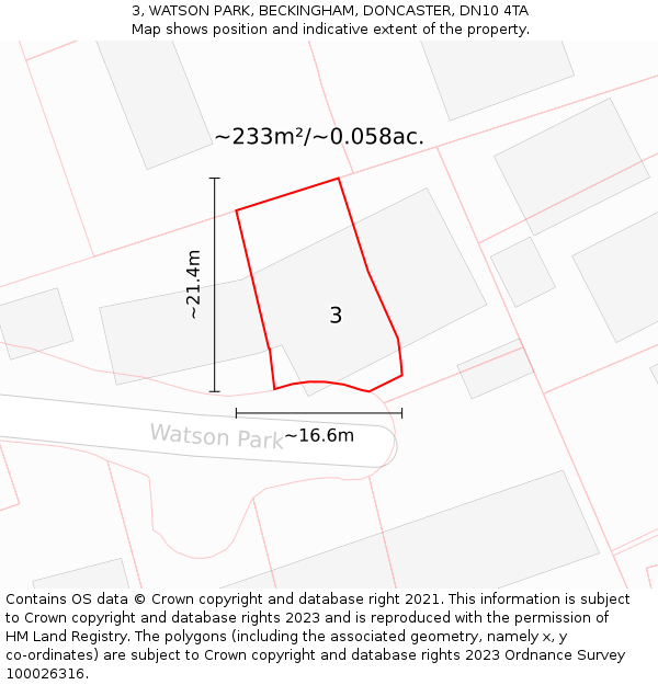 3, WATSON PARK, BECKINGHAM, DONCASTER, DN10 4TA: Plot and title map