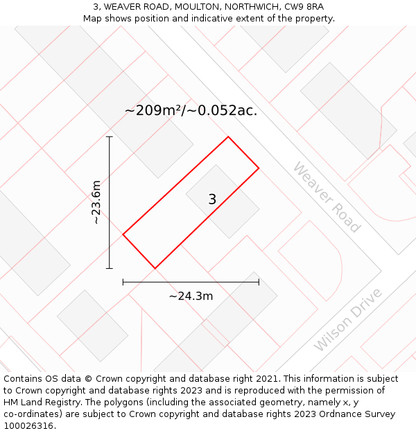 3, WEAVER ROAD, MOULTON, NORTHWICH, CW9 8RA: Plot and title map