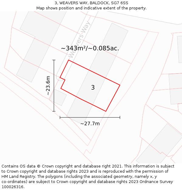 3, WEAVERS WAY, BALDOCK, SG7 6SS: Plot and title map