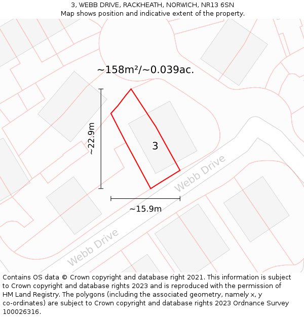 3, WEBB DRIVE, RACKHEATH, NORWICH, NR13 6SN: Plot and title map