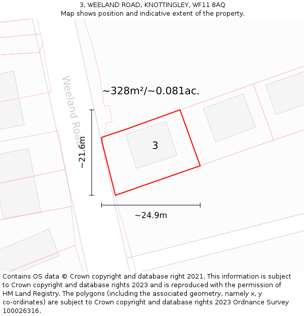 3, WEELAND ROAD, KNOTTINGLEY, WF11 8AQ: Plot and title map