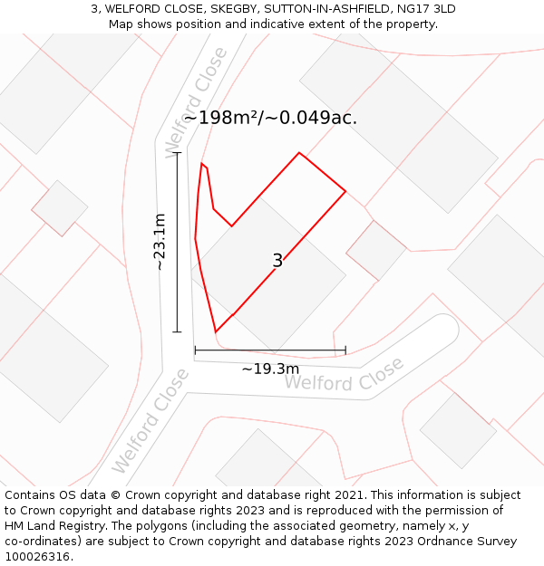 3, WELFORD CLOSE, SKEGBY, SUTTON-IN-ASHFIELD, NG17 3LD: Plot and title map