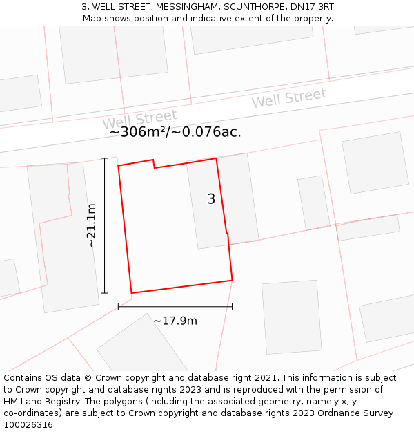 3, WELL STREET, MESSINGHAM, SCUNTHORPE, DN17 3RT: Plot and title map