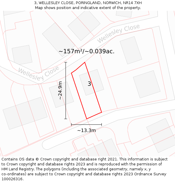 3, WELLESLEY CLOSE, PORINGLAND, NORWICH, NR14 7XH: Plot and title map