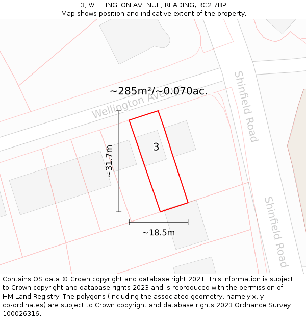 3, WELLINGTON AVENUE, READING, RG2 7BP: Plot and title map