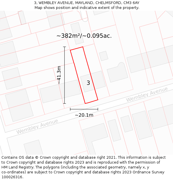 3, WEMBLEY AVENUE, MAYLAND, CHELMSFORD, CM3 6AY: Plot and title map