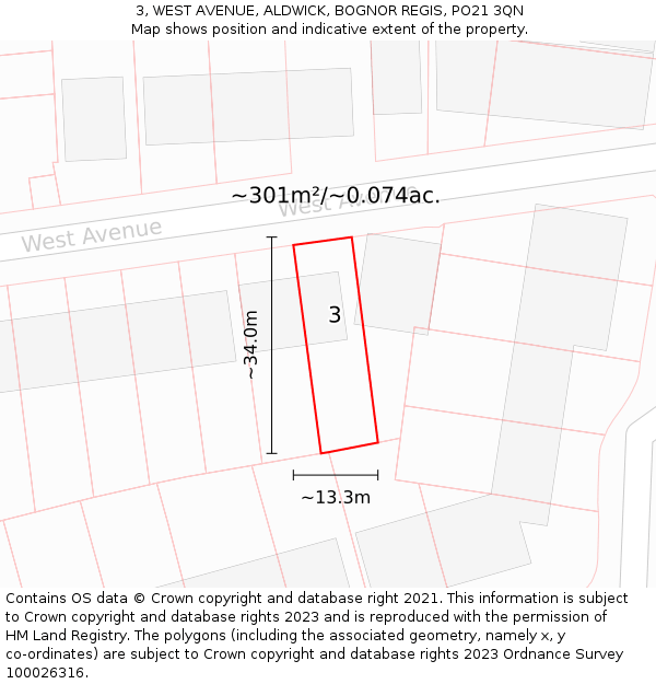 3, WEST AVENUE, ALDWICK, BOGNOR REGIS, PO21 3QN: Plot and title map