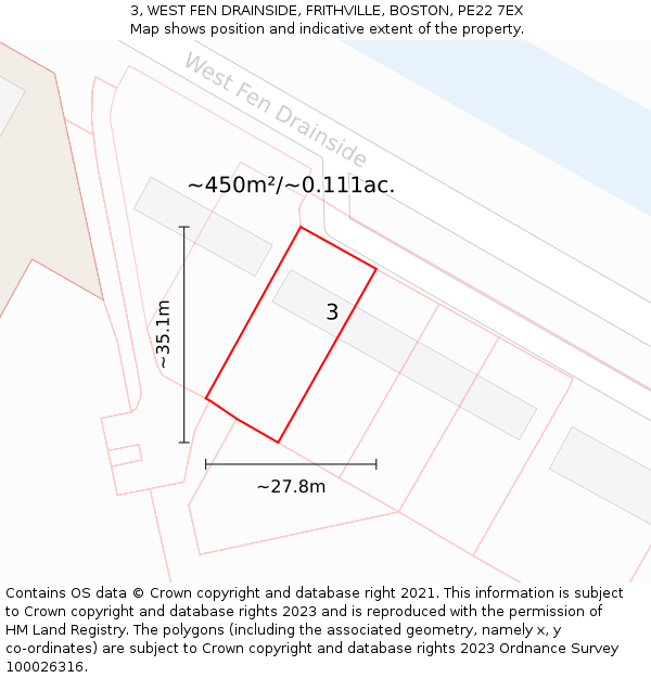 3, WEST FEN DRAINSIDE, FRITHVILLE, BOSTON, PE22 7EX: Plot and title map