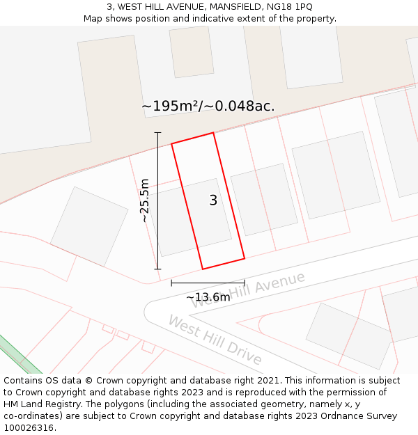 3, WEST HILL AVENUE, MANSFIELD, NG18 1PQ: Plot and title map