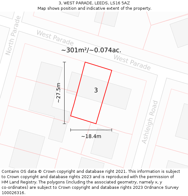 3, WEST PARADE, LEEDS, LS16 5AZ: Plot and title map