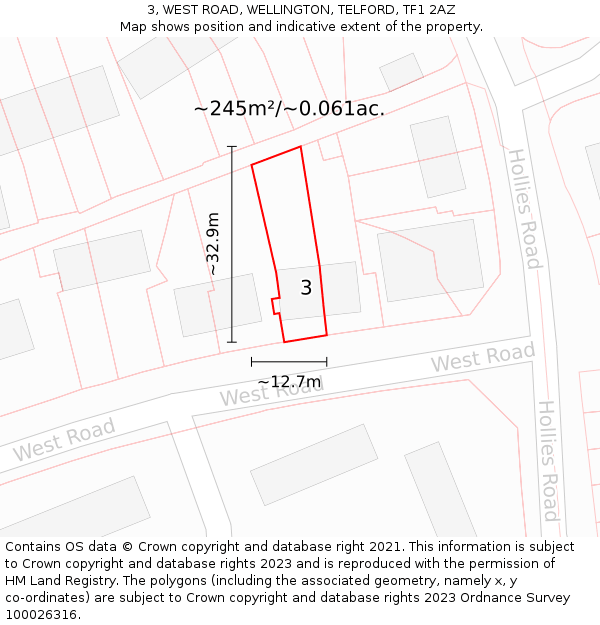 3, WEST ROAD, WELLINGTON, TELFORD, TF1 2AZ: Plot and title map