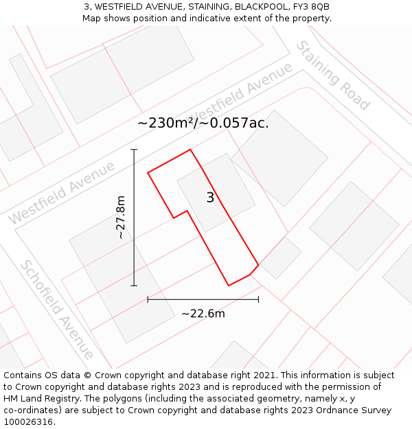 3, WESTFIELD AVENUE, STAINING, BLACKPOOL, FY3 8QB: Plot and title map