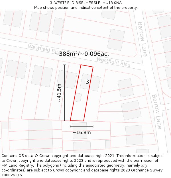 3, WESTFIELD RISE, HESSLE, HU13 0NA: Plot and title map