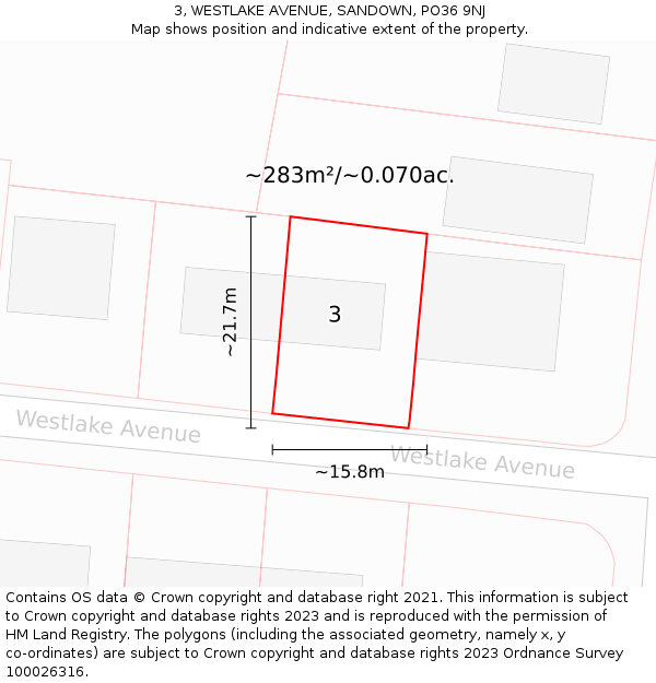 3, WESTLAKE AVENUE, SANDOWN, PO36 9NJ: Plot and title map