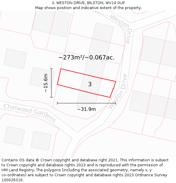 3, WESTON DRIVE, BILSTON, WV14 0UP: Plot and title map