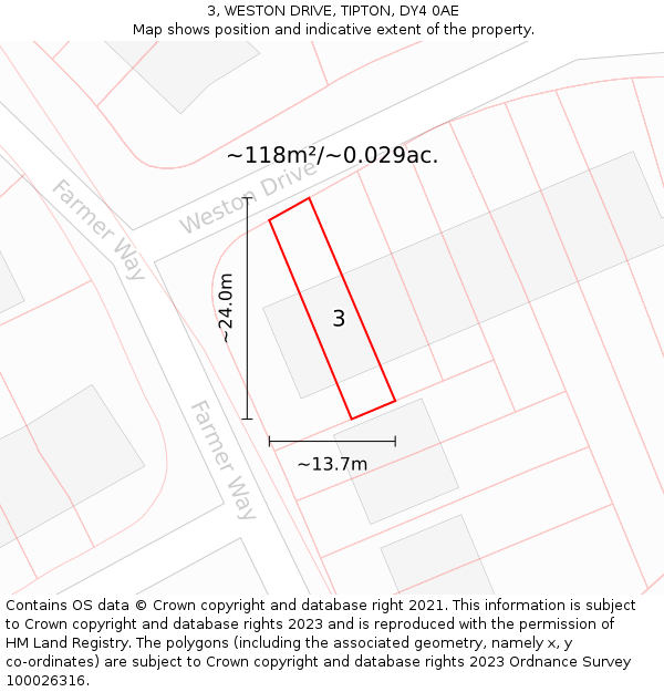 3, WESTON DRIVE, TIPTON, DY4 0AE: Plot and title map