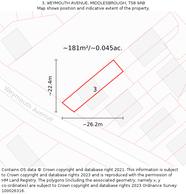 3, WEYMOUTH AVENUE, MIDDLESBROUGH, TS8 9AB: Plot and title map