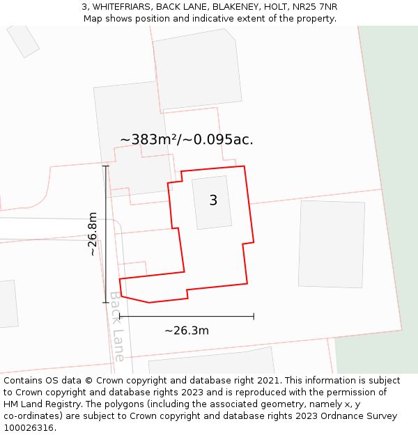 3, WHITEFRIARS, BACK LANE, BLAKENEY, HOLT, NR25 7NR: Plot and title map