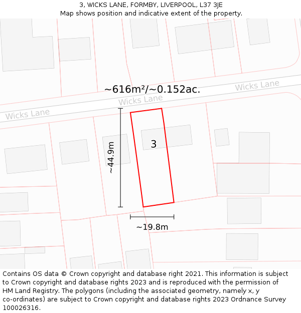 3, WICKS LANE, FORMBY, LIVERPOOL, L37 3JE: Plot and title map