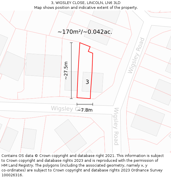 3, WIGSLEY CLOSE, LINCOLN, LN6 3LD: Plot and title map