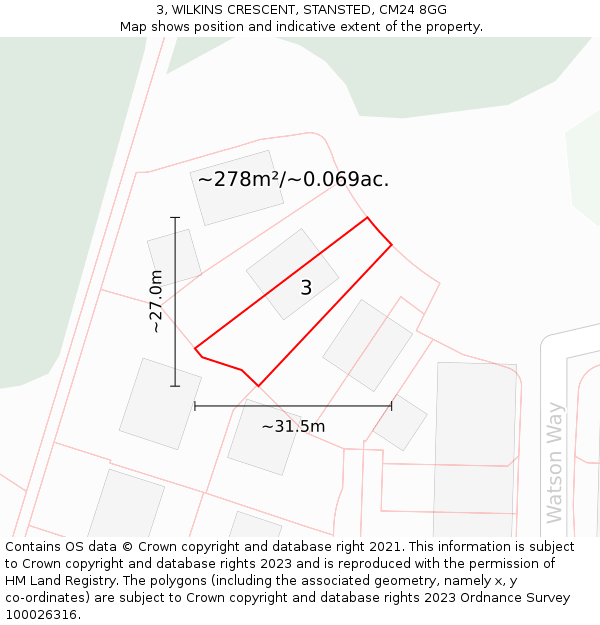 3, WILKINS CRESCENT, STANSTED, CM24 8GG: Plot and title map