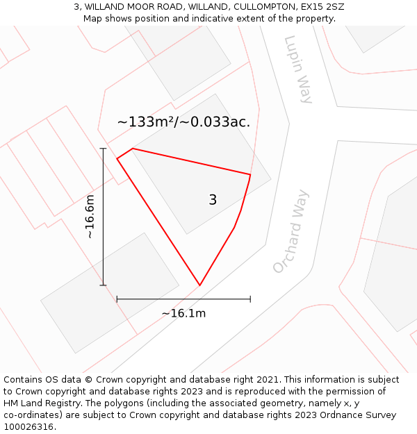 3, WILLAND MOOR ROAD, WILLAND, CULLOMPTON, EX15 2SZ: Plot and title map