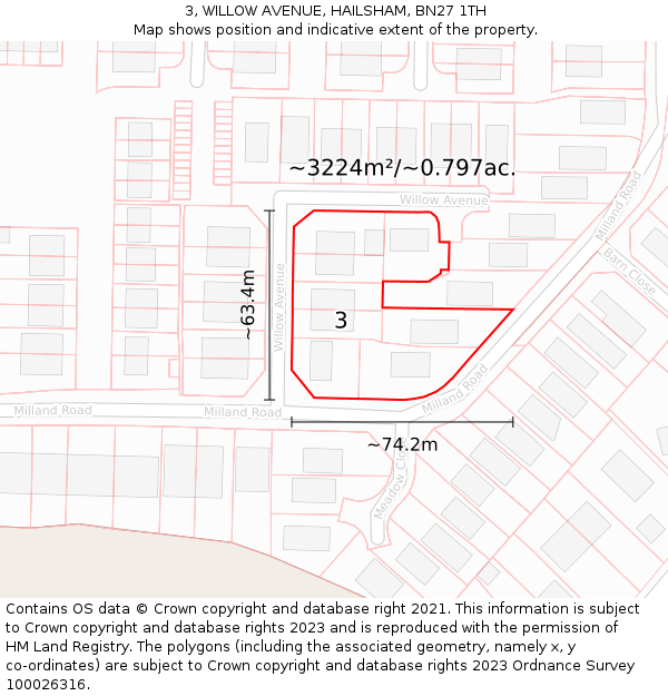 3, WILLOW AVENUE, HAILSHAM, BN27 1TH: Plot and title map