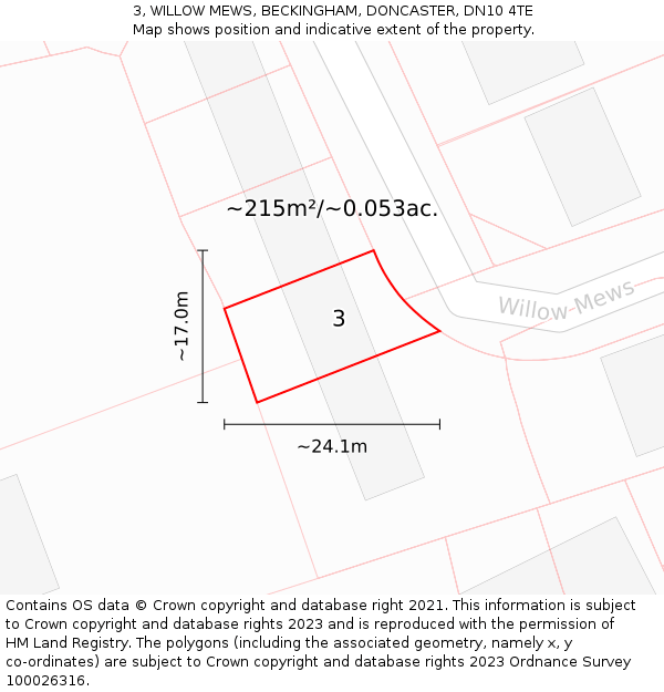 3, WILLOW MEWS, BECKINGHAM, DONCASTER, DN10 4TE: Plot and title map