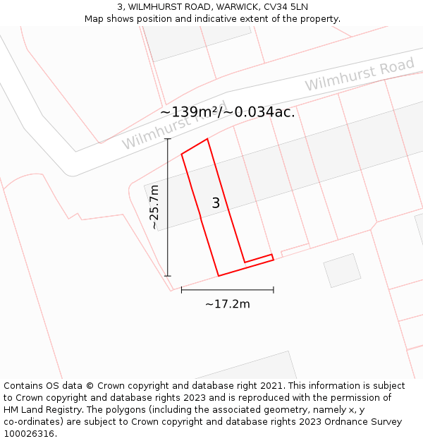 3, WILMHURST ROAD, WARWICK, CV34 5LN: Plot and title map