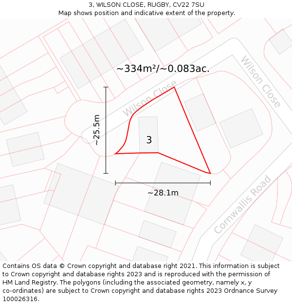 3, WILSON CLOSE, RUGBY, CV22 7SU: Plot and title map