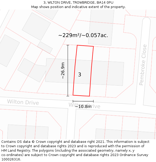 3, WILTON DRIVE, TROWBRIDGE, BA14 0PU: Plot and title map