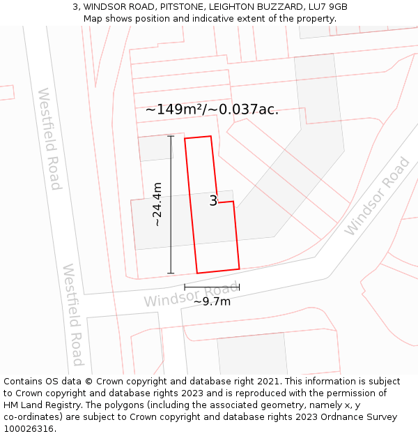 3, WINDSOR ROAD, PITSTONE, LEIGHTON BUZZARD, LU7 9GB: Plot and title map