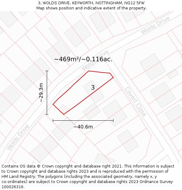 3, WOLDS DRIVE, KEYWORTH, NOTTINGHAM, NG12 5FW: Plot and title map