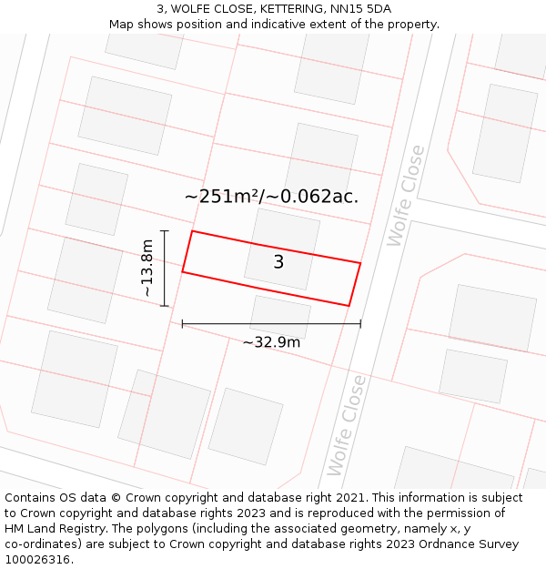 3, WOLFE CLOSE, KETTERING, NN15 5DA: Plot and title map