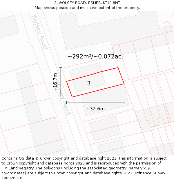 3, WOLSEY ROAD, ESHER, KT10 8NT: Plot and title map