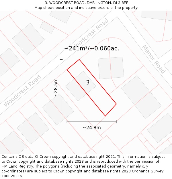 3, WOODCREST ROAD, DARLINGTON, DL3 8EF: Plot and title map