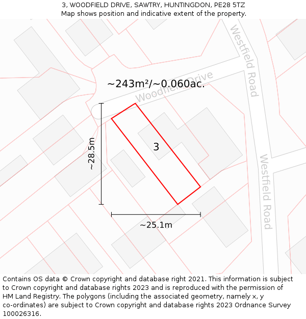 3, WOODFIELD DRIVE, SAWTRY, HUNTINGDON, PE28 5TZ: Plot and title map