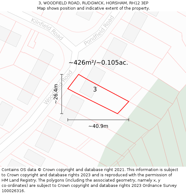 3, WOODFIELD ROAD, RUDGWICK, HORSHAM, RH12 3EP: Plot and title map