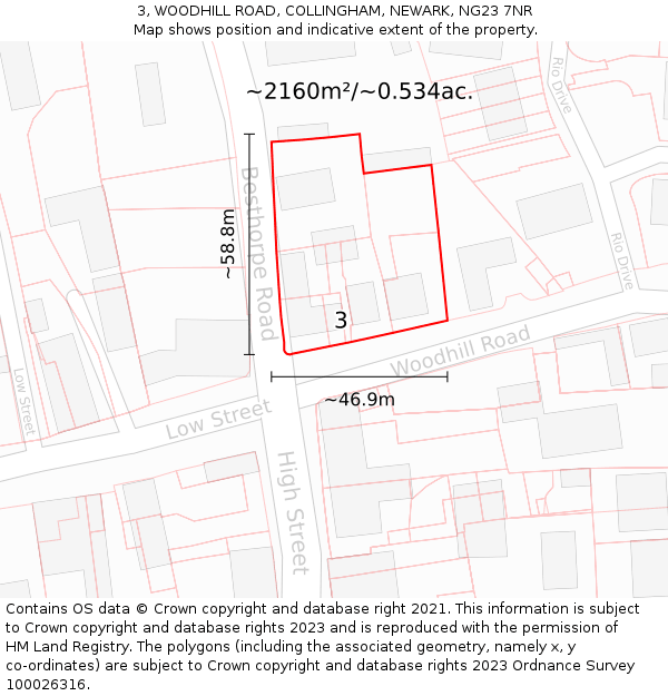 3, WOODHILL ROAD, COLLINGHAM, NEWARK, NG23 7NR: Plot and title map