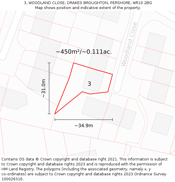 3, WOODLAND CLOSE, DRAKES BROUGHTON, PERSHORE, WR10 2BG: Plot and title map