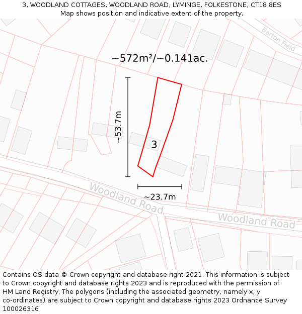 3, WOODLAND COTTAGES, WOODLAND ROAD, LYMINGE, FOLKESTONE, CT18 8ES: Plot and title map
