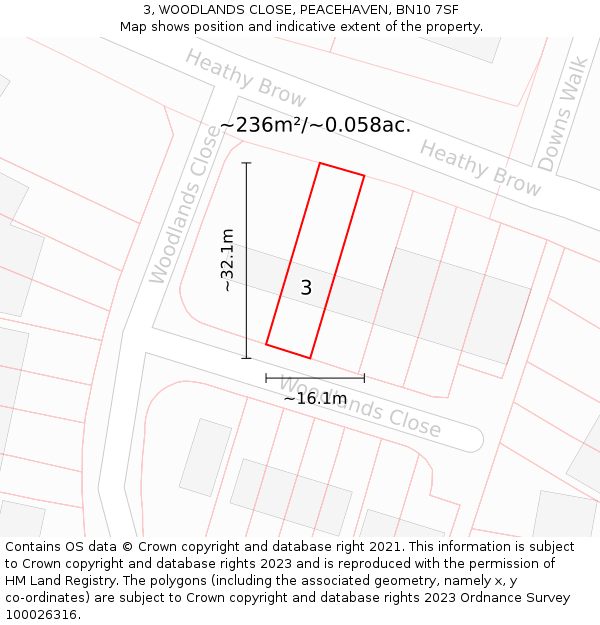 3, WOODLANDS CLOSE, PEACEHAVEN, BN10 7SF: Plot and title map